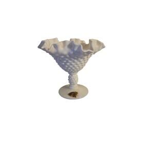 FENTON Hobnail White Milk Glass Crimped Edge Footed Candy Dish label  5 in tall